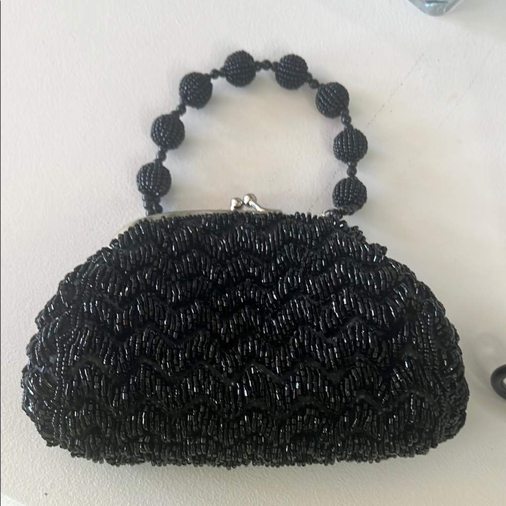 Black Beaded Half-Moon Clutch with Unique Handle - Picture 2 of 3